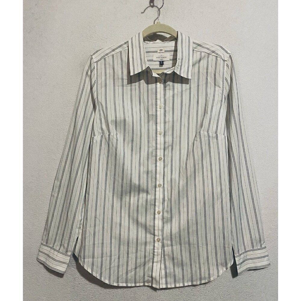 LOFT Top Womens Medium Gray Striped The Softened Shirt Long Sleeve Button Up